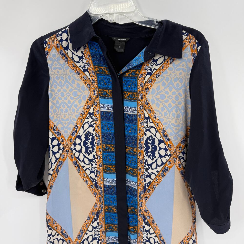 CLUB MONACO Silk Tunic Shirt Womens Size 2 Roll-Tab Sleeve Button Front Artsy - Picture 2 of 9